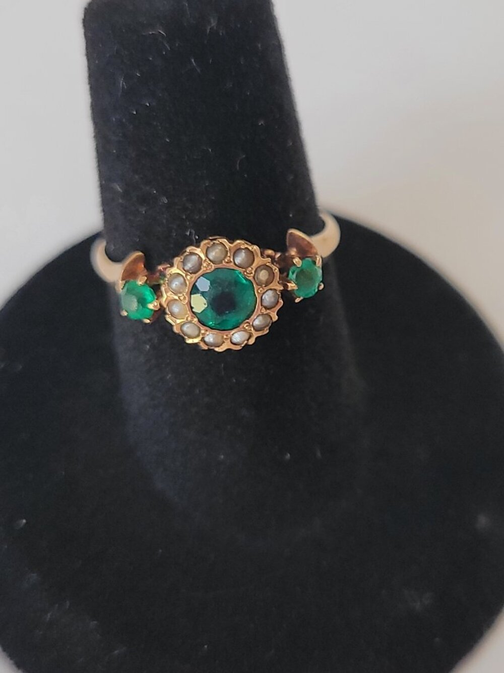 Antique Emerald Green Stones Pearls 10k Gold Victorian Ring May June Birthstones - Picture 9 of 16